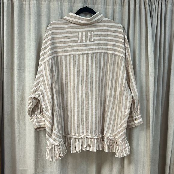 Striped Beige Button-Up Blouse with Ruffle Hem - Easel - Picture 2 of 8